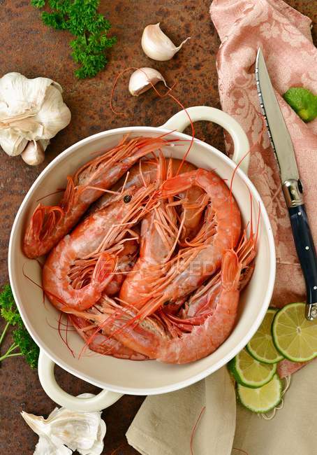 Fresh prawns in white bowl — Stock Photo