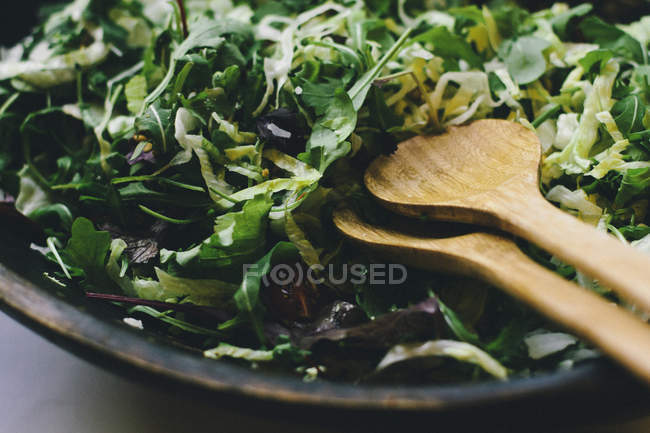 Two wooden spoons in bowl of salad — Stock Photo