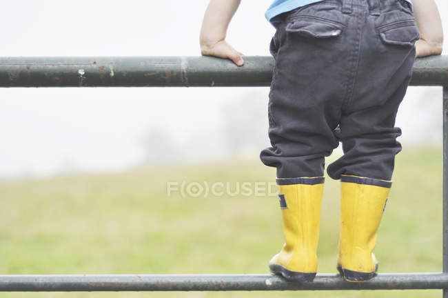 Boy standing on fence — Stock Photo