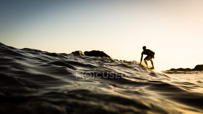 Silueta de surfista al atardecer - foto de stock