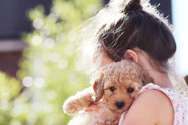 Girl holding puppy — Stock Photo
