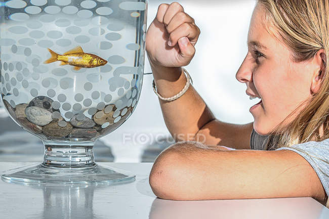 Girl looking at goldfish — Stock Photo