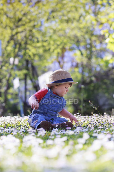 Хлопчик в капелюсі сидить на траві — стокове фото