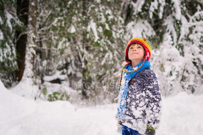 Хлопчик у снігу дивиться вгору — стокове фото