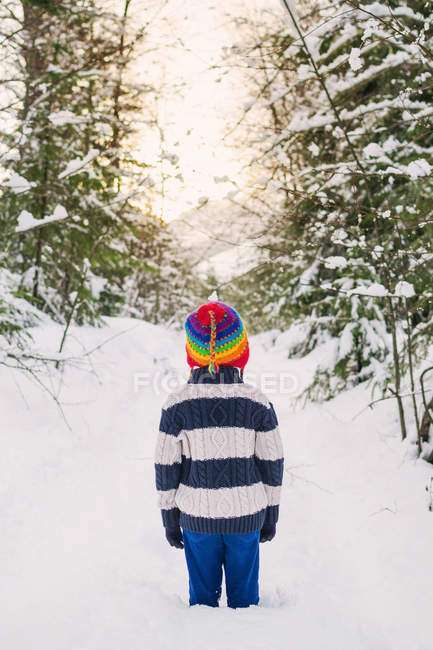 Хлопчик стоїть у снігу — стокове фото