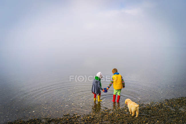 Garçon et fille avec chiot chien — Photo de stock