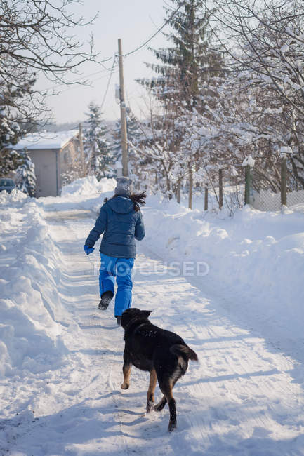 Dog chasing woman down street — Stock Photo