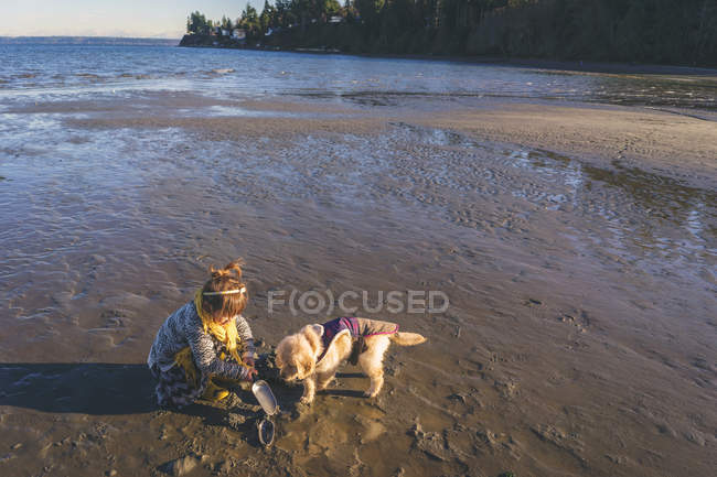 Girl with puppy dog on beach — Stock Photo