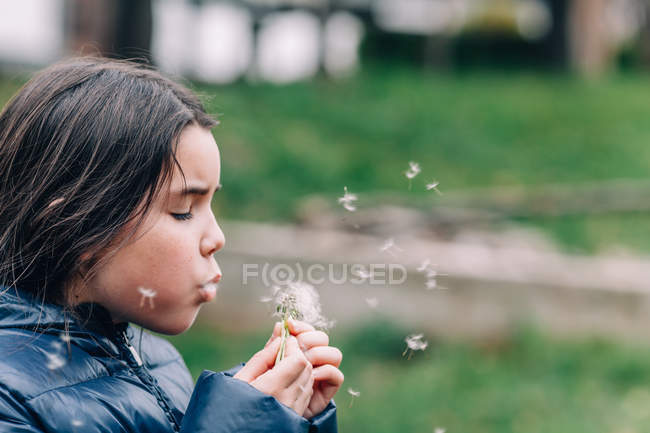 Girl blowing dandelion — Stock Photo