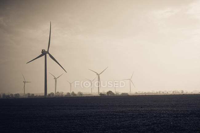 Вітрові турбіни в туманних полях — стокове фото