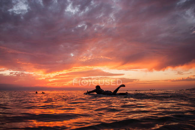 Surfer paddles into sunset — Stock Photo