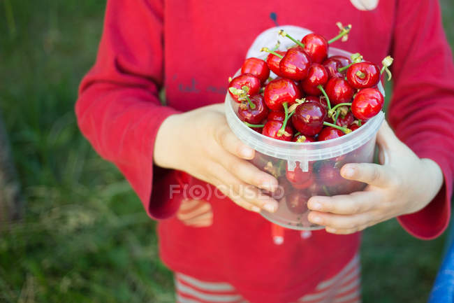 Girl holding small bucket of cherries — Stock Photo