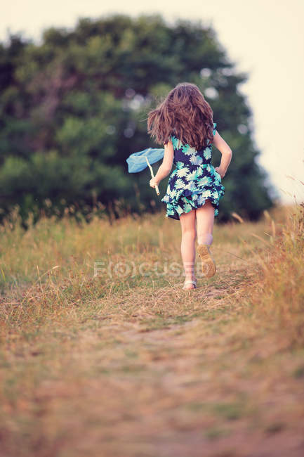 Menina correndo com rede de borboleta — Fotografia de Stock