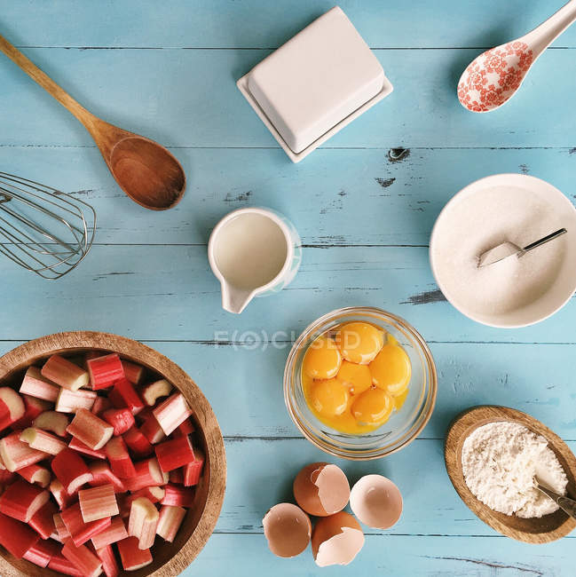 Ingredients for baking rhubarb cake — Stock Photo