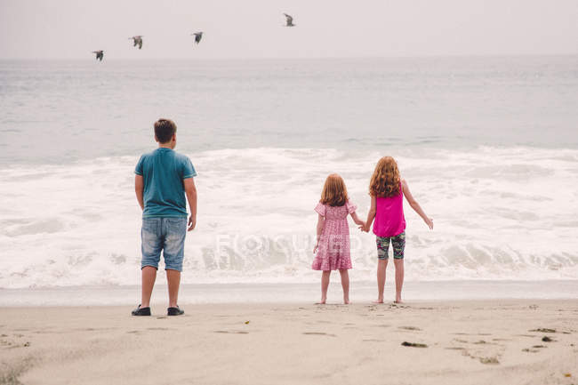 Дети наблюдают за волнами, ломающимися на пляже — стоковое фото