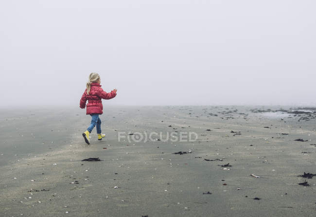 Netherlands, Zeeland, Ritthem, Little girl on misty beach — Stock Photo