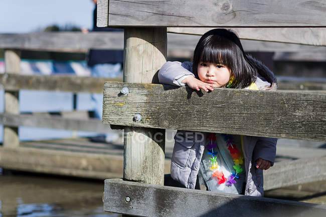 Девушка опирается на деревянный барьер — стоковое фото