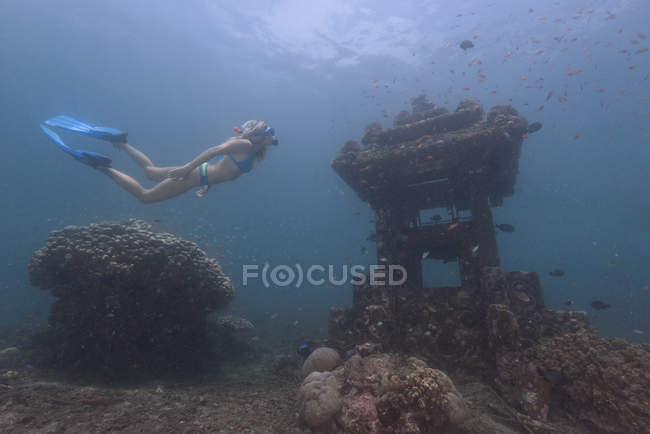 Женщина ныряет с маской под водой у затонувшего храма — стоковое фото