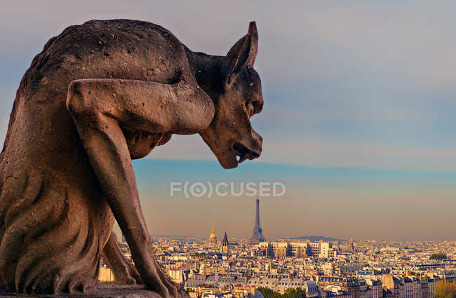 Gargoyle on Notre Dame with view of Paris — Stock Photo