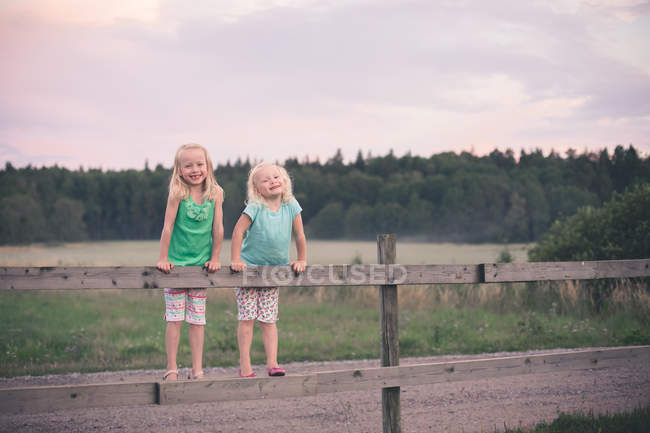 Girls standing on wooden fence — Stock Photo