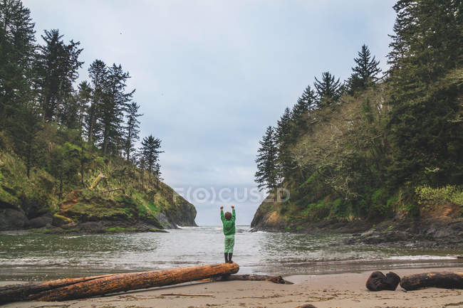 Boy standing on driftwood on beach — Stock Photo