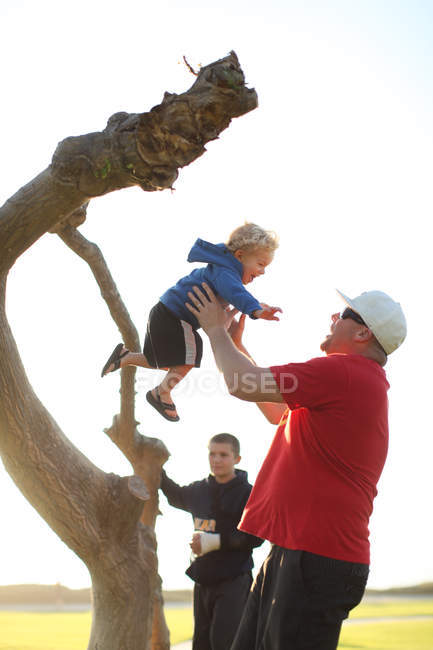 Отец ловит сына, прыгающего с дерева — стоковое фото