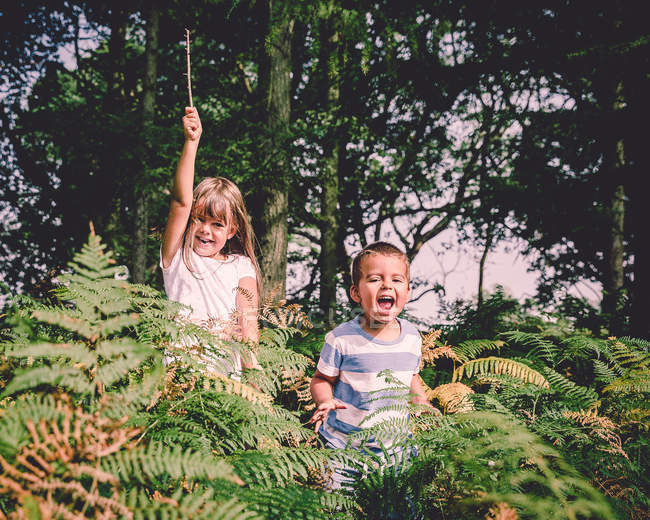 Crianças pulando na floresta — Fotografia de Stock