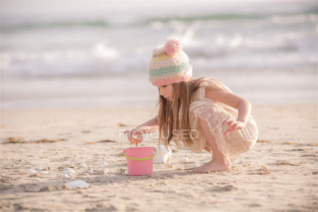 Chica coleccionando conchas marinas - foto de stock