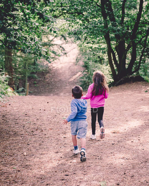 Due bambini che corrono nel bosco — Foto stock
