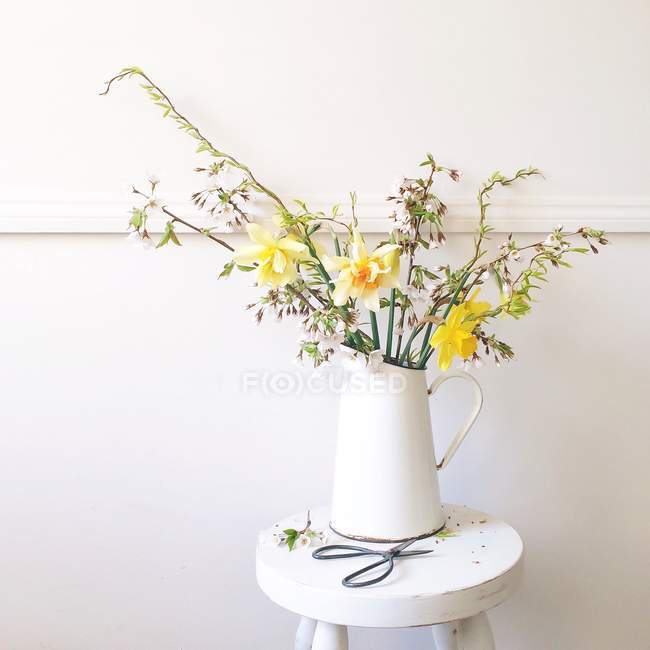 Frühlingsblumen im Krug mit Schere — Stockfoto
