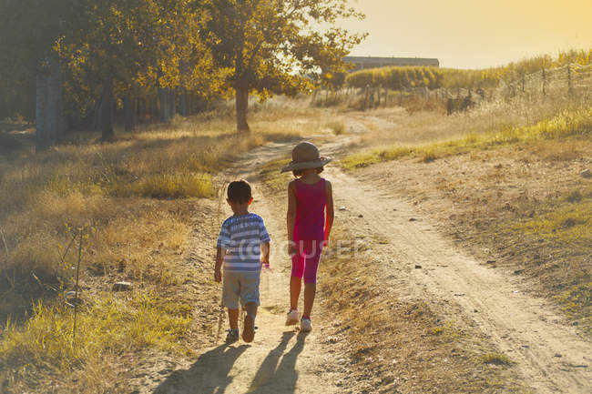 Menino e menina caminhando ao longo do caminho — Fotografia de Stock
