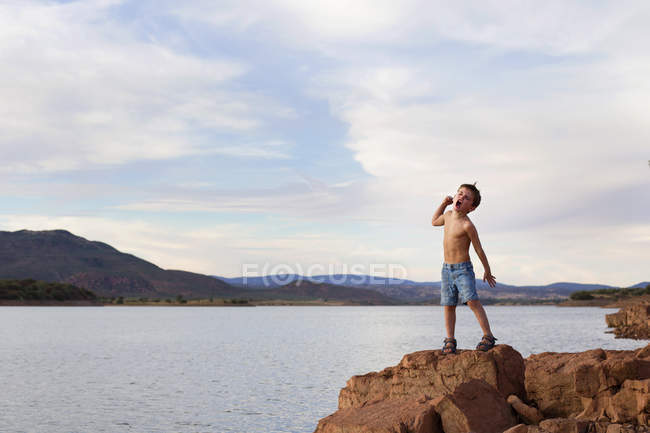 Мальчик стоит на скале и кричит — стоковое фото