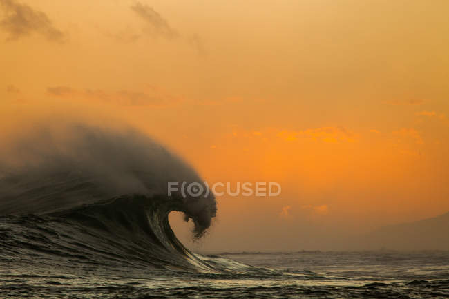 Onda de barril batendo sobre o recife ao pôr do sol — Fotografia de Stock
