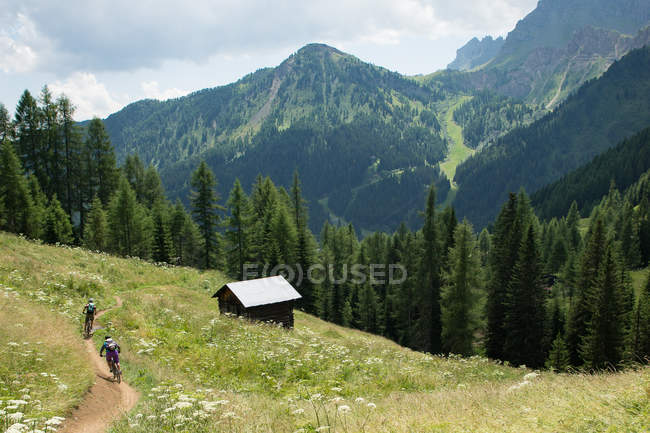 Man and woman on mountain bikes racing — Stock Photo