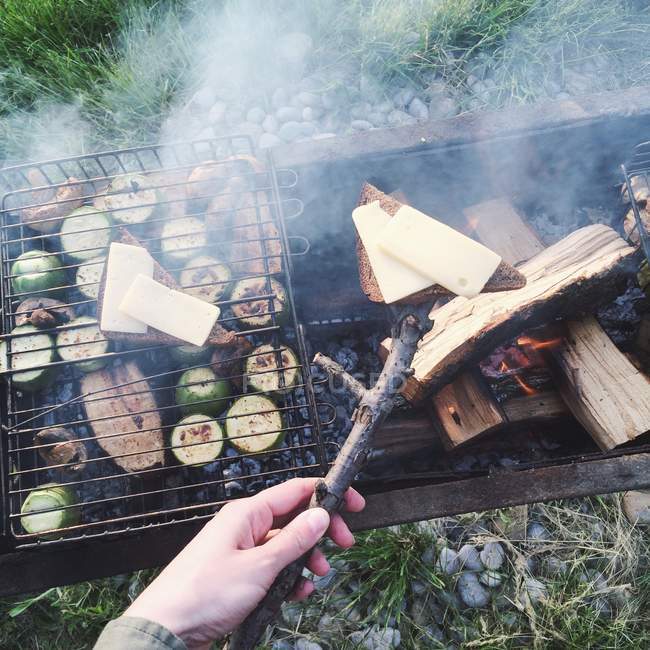 Pain, fromage et légumes sur barbecue — Photo de stock