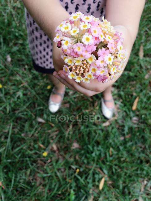 Girl holding bunch of flowers — Stock Photo