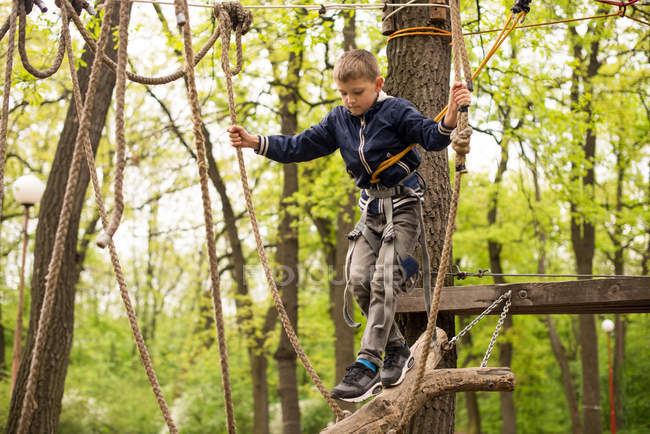 Boy in rope harness on climbing platform — Stock Photo