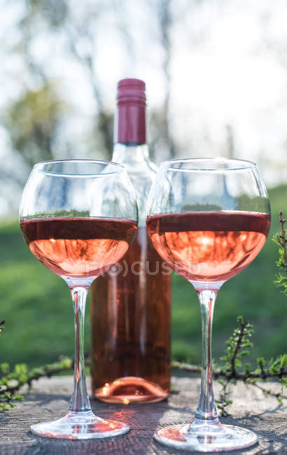 Botella y dos copas de vino rosa - foto de stock