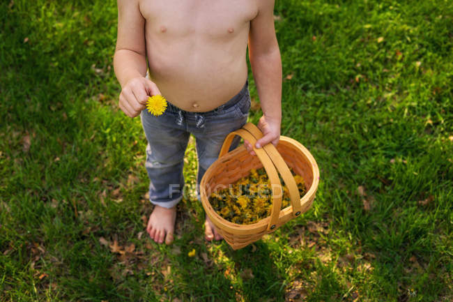 Хлопчик тримає кульбабу і кошик повний квітів — стокове фото