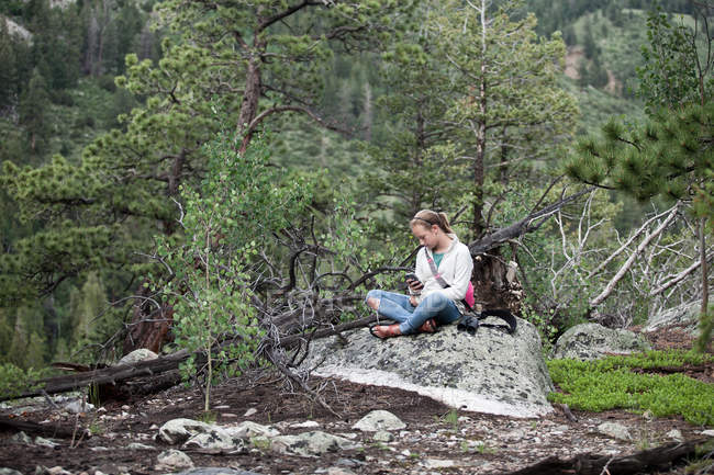 Дівчина сидить у лісі текстові повідомлення — стокове фото