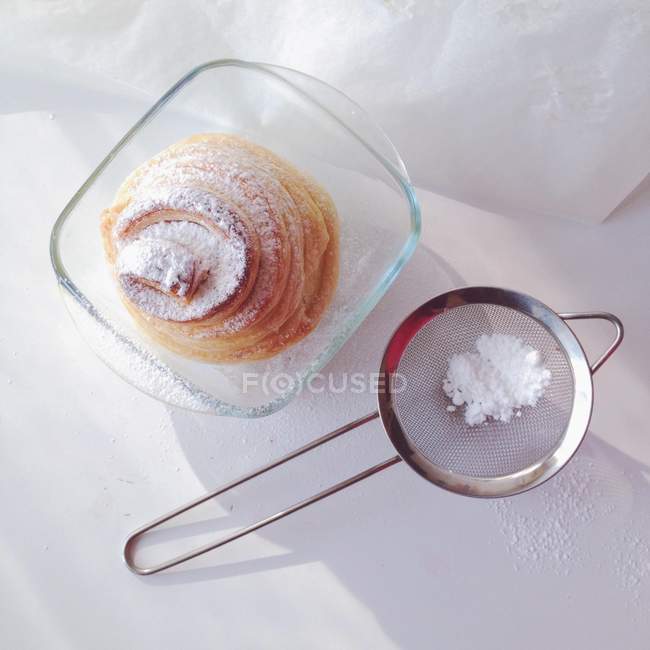 Tasty peach cake in puff pastry, top view — Stock Photo