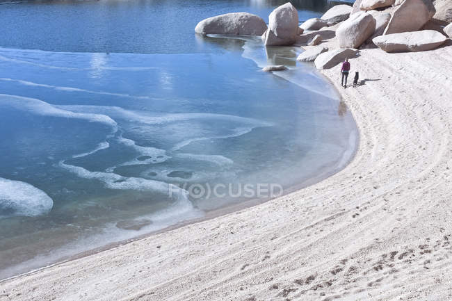 Woman with dog walking along beach and frozen lake, USA, Colorado, El Paso County, Shubarth Trail, Rampart Reservoir — Stock Photo