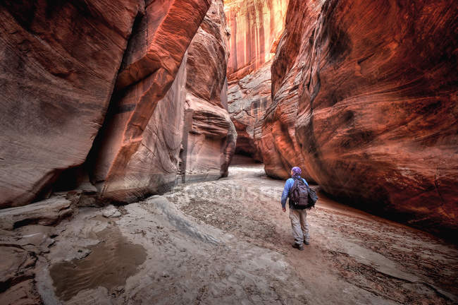 Mann wandert in Buckskin-Schlucht, USA, utah, Paria Canyon-Zinnoberrot Klippen Wildnis — Stockfoto