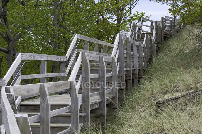 Vista close-up de escada de madeira na colina gramada — Fotografia de Stock