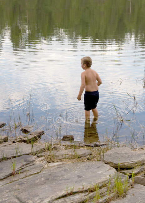 Vista trasera del niño caminando en el agua del estanque - foto de stock