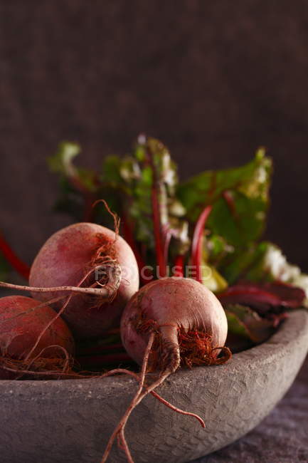 Freshly plucked beets in stone plate — Stock Photo