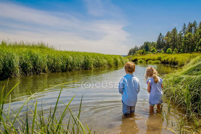 Rear view of brother and little sister standing in river at nature — Stock Photo