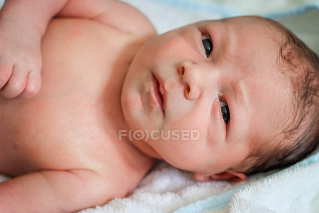 Portrait of newborn baby boy lying on blanket — Stock Photo