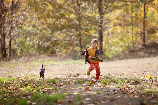 Menino perseguindo cachorro cachorro na floresta — Fotografia de Stock