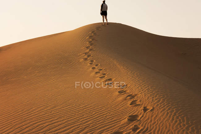 Vista trasera de la Mujer de pie sobre una duna de arena en el desierto, Dubai, Emiratos Árabes Unidos - foto de stock